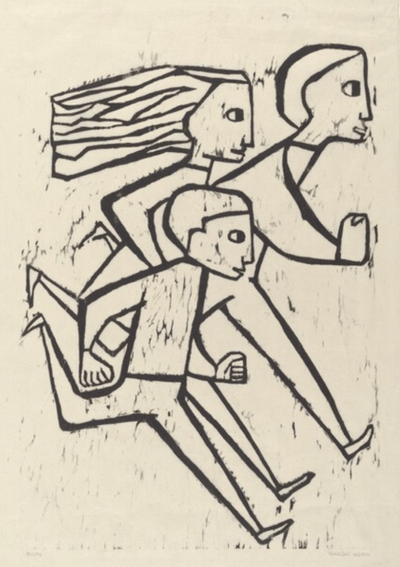 Black ink on ivory paper woodblock of three children running.