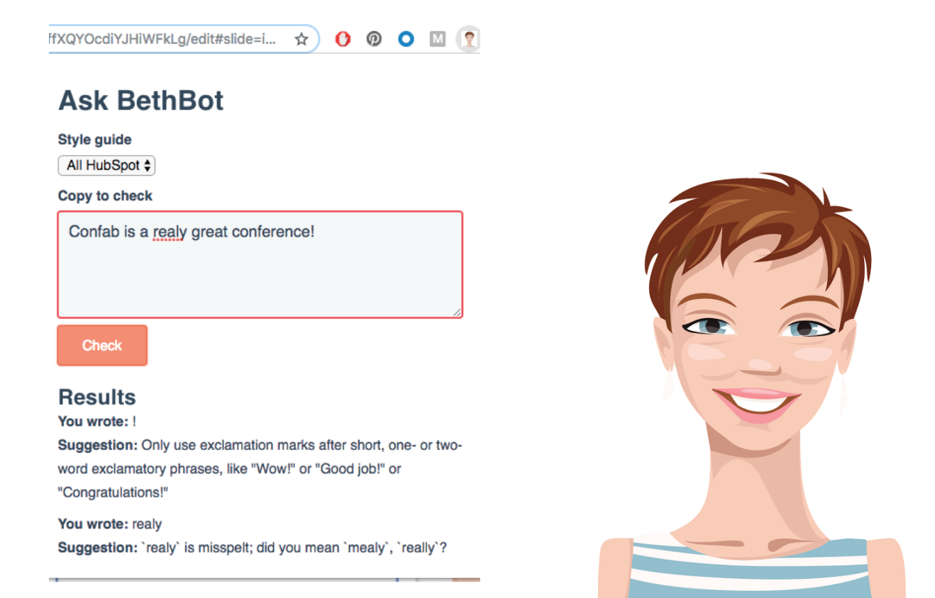 Web app where a user has pasted in content for Bethbot to check, and Bethbot suggests fixing a spelling error and not using an exclamation mark.