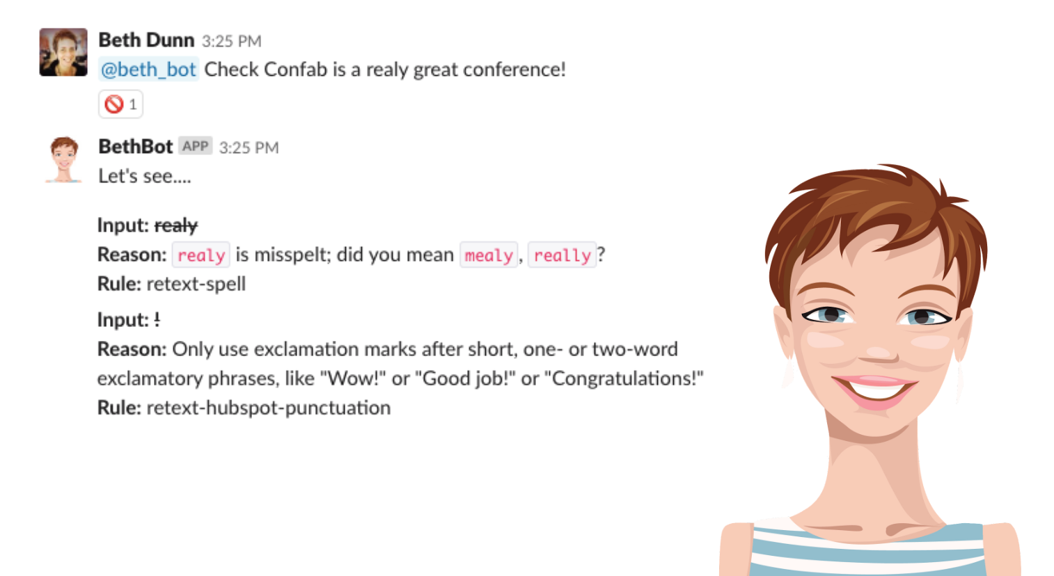 Slack chat where a user has pasted in content for Bethbot to check, and Bethbot suggests fixing a spelling error and not using an exclamation mark.