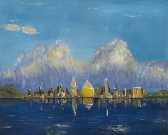 painting of a city on a shoreline with blue skies overhead