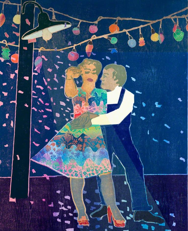 Abstract painting of a couple dancing under colored string lights in a shower of confetti.