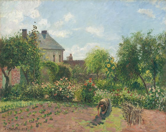 Painting by Pissarro of a woman working in a kitchen garden under a blue sky in France
